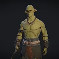Green Skinned Muscular Man Shirtless With Arm Guards Decorative Belt Holding Dagger In Dark Background