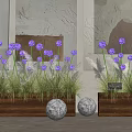 Stylish Plant Combination With Purple Flowers White Grasses In Wooden Planters And Glowing Sphere Decorations