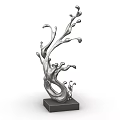 Abstract Silver Metallic Sculpture With Curved Fluid Branches And Square Base 3d model