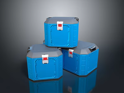 Three Blue Storage Boxes With Gray Lids And Red Labels On Reflective Surface 3d model