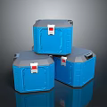 Three Blue Storage Boxes With Gray Lids And Red Labels On Reflective Surface