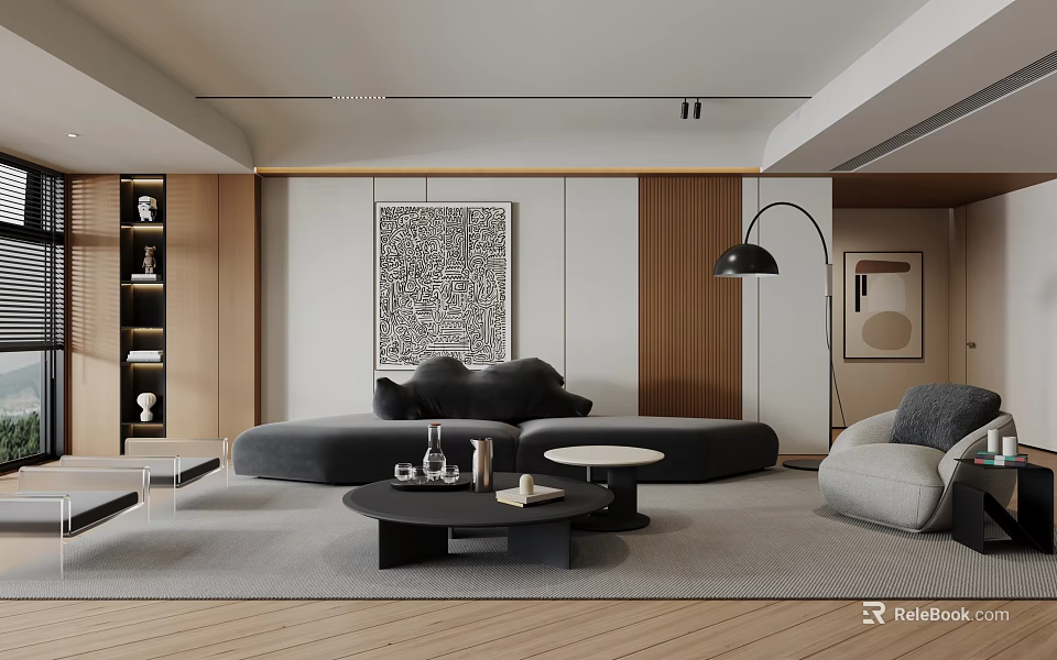 Modern Living Room Interior With Gray Sofa Black Coffee Table Wall Art And Floor Lamp 3d model 