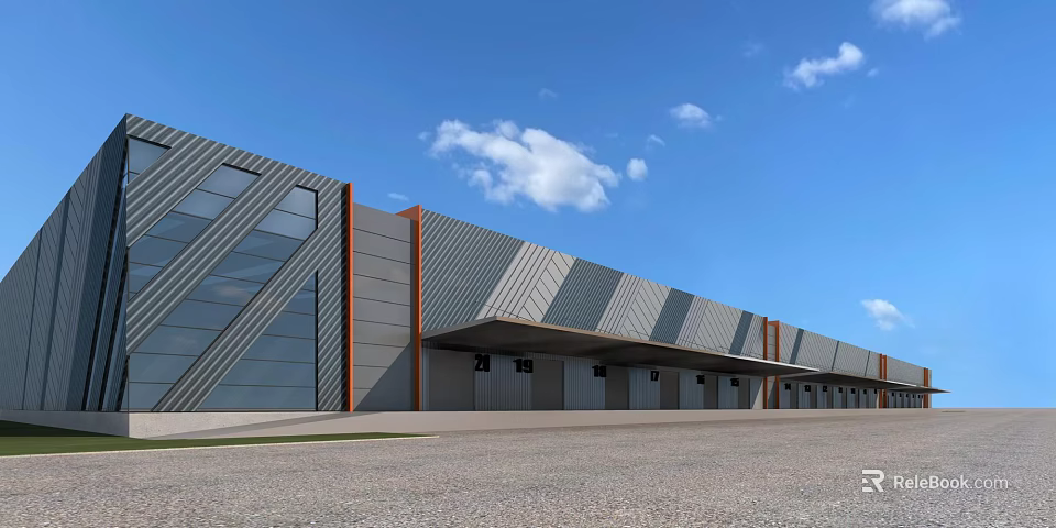 Modern Industrial Factory Building With Gray Orange Metal Panels Sloped Roof And Roll Up Doors 3d model 