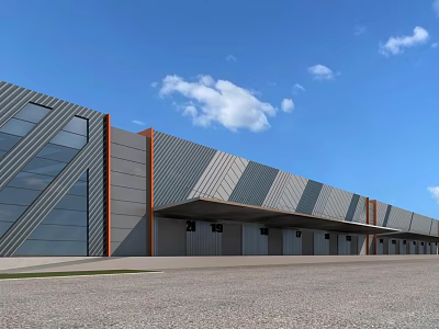 Modern Industrial Factory Building With Gray Orange Metal Panels Sloped Roof And Roll Up Doors 3d model