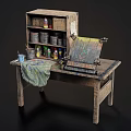 Vintage Functional Table with Paint Cans Cabinet Roller and Cloth Tools 3d model