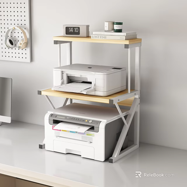 Home Office Storage Shelf With Wooden Metal Frame For Printers Books And Clock 3d model 