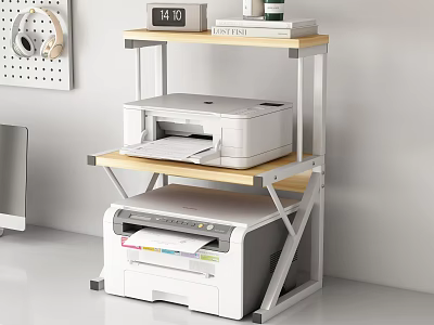 Home Office Storage Shelf With Wooden Metal Frame For Printers Books And Clock 3d model