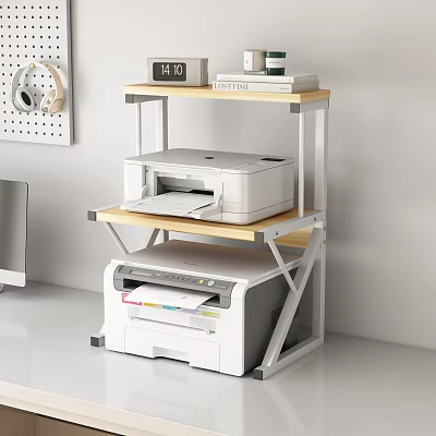 Home Office Storage Shelf With Wooden Metal Frame For Printers Books And Clock 3d model