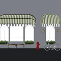 Green And White Striped Awnings Over Shop Windows With Bench Bicycle Red Fire Hydrant And Phone Booth