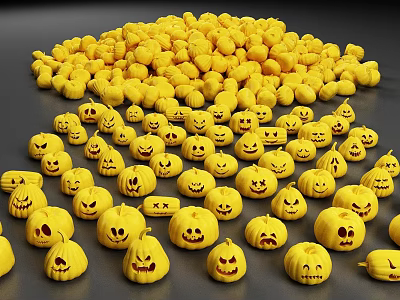 Festive Halloween Yellow Pumpkins With Various Carved Spooky Faces And Expressions 3d model