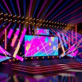 Colorful Stage Design With LED Screen Geometric Decor And Bright Lights