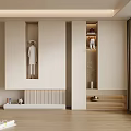 Modern White Shoe Cabinet With Display Shelves And Decorative Items In Interior