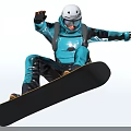 A Man Snowboarding Trick In Blue Suit White Helmet On Blue Board With Orange Patterns
