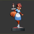 Animated Squirrel Character With Red Hair Blue White Apron Holding Ice Cream On Round Base