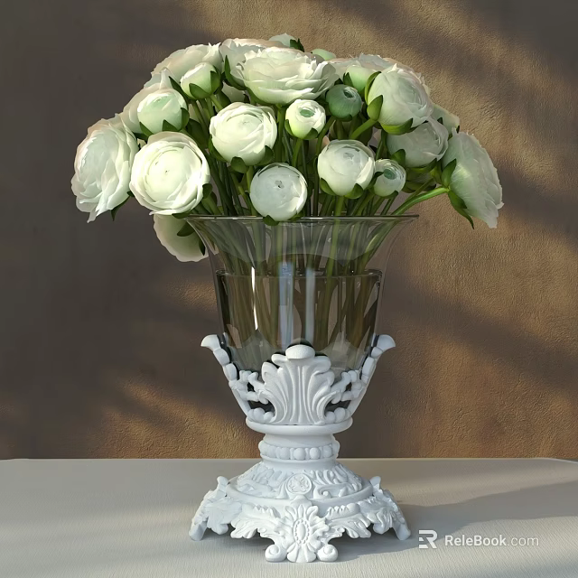 Transparent Glass Vase With White Carved Base Displaying Fresh White Flowers On Table 3d model 