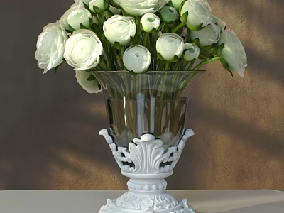 Transparent Glass Vase With White Carved Base Displaying Fresh White Flowers On Table 3d model