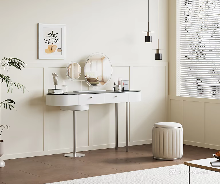 Modern Dressing Table With Round Mirror White Stool Wall Art And Pendant Lights 3d model 
