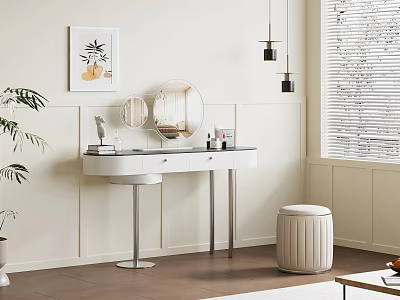Modern Dressing Table With Round Mirror White Stool Wall Art And Pendant Lights 3d model