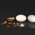 Fresh Whole Eggs With Broken Eggshells On Dark Reflective Surface
