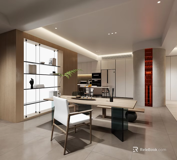 Modern Open Office Interior With Wooden Desk Glass Bookshelf Green Plant And White Chair 3d model 