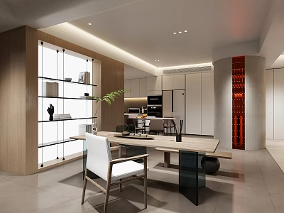 Modern Open Office Interior With Wooden Desk Glass Bookshelf Green Plant And White Chair 3d model