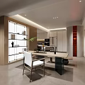 Modern Open Office Interior With Wooden Desk Glass Bookshelf Green Plant And White Chair