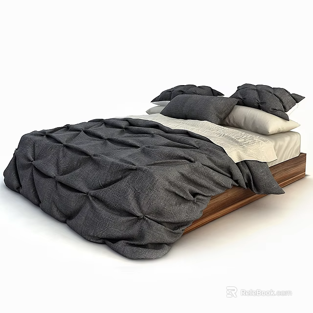 Modern Double Bed With Wooden Frame Gray Pleated Comforter And Pillows 3d model 