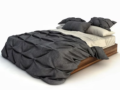 Modern Double Bed With Wooden Frame Gray Pleated Comforter And Pillows 3d model