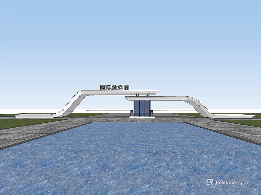 Elegant Modern Entrance Gate With White Curved Structure And Water Pool Front 3d model 