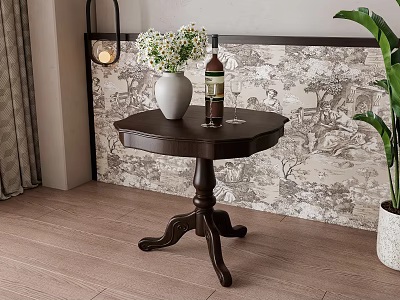 Dark Wooden Coffee Table With White Vase Flowers Wine Bottle And Glasses By Patterned Wallpaper 3d model