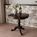 Dark Wooden Coffee Table With White Vase Flowers Wine Bottle And Glasses By Patterned Wallpaper