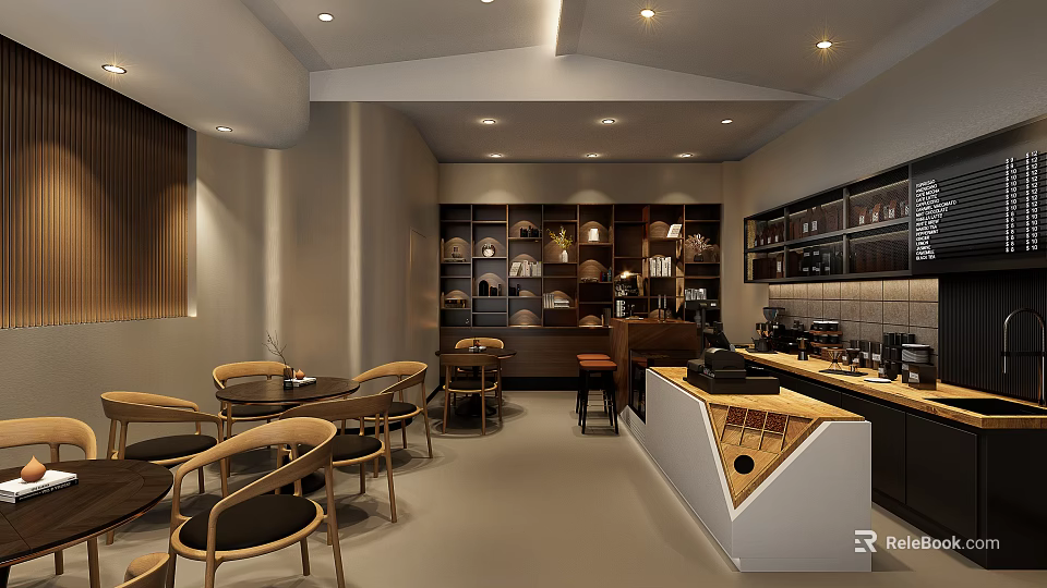 Modern Cafe Interior Design With Wooden Tables Chairs Bar Counter Shelves And Warm Lighting 3d model 