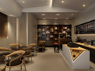 Modern Cafe Interior Design With Wooden Tables Chairs Bar Counter Shelves And Warm Lighting 3d model