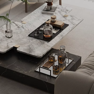 Sleek Sofa and Coffee Table Set with Marble Top Tray Glasses and Decorative Bottles 3d model