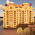 Grand Symmetrical European Building With Arched Entrance Red Roof Waterfront Square