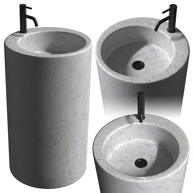Bathroom Concrete Washbasin Designs With Round Shapes Column Styles And Faucets 3d model 