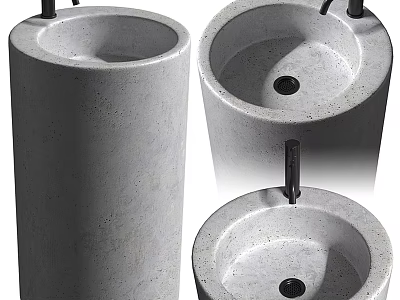 Bathroom Concrete Washbasin Designs With Round Shapes Column Styles And Faucets 3d model