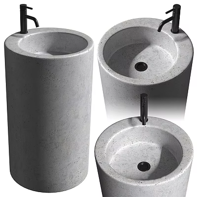 Bathroom Concrete Washbasin Designs With Round Shapes Column Styles And Faucets 3d model