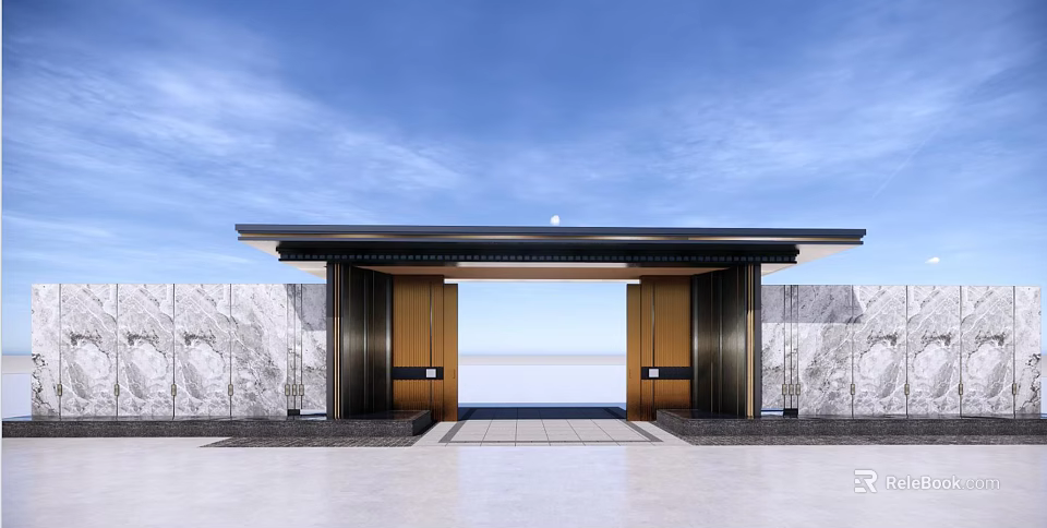 Elegant Entrance Gate With Black Roof Wooden Doors Marble Walls And Blue Sky Background 3d model 