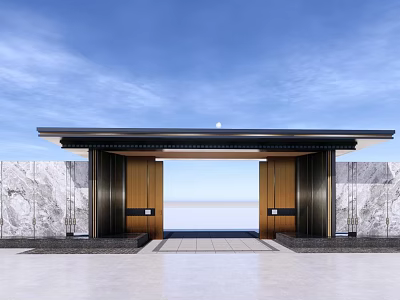 Elegant Entrance Gate With Black Roof Wooden Doors Marble Walls And Blue Sky Background 3d model