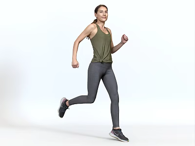 Woman Running In Green Tank Top With Gray Leggings And Sports Shoes 3d model