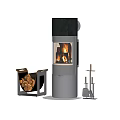 Black Modern Fireplace with Glass Panel Wooden Log Basket and Fireplace Tool Set