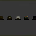 Five Colored Hats With Various Designs And Red Brims On Gray Background