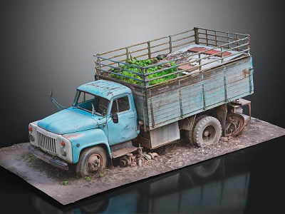 Old Blue Truck With Worn Body Loaded Green Plants On Gravel Ground 3d model