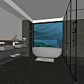 Modern Bathroom Interior With Double Vanities Marble Countertops Large Mirror Freestanding Bathtub And Glass Shower