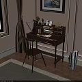Wooden Home Office Desk With Matching Chair Table Lamp Books Photo Frames And Potted Plant