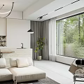 Modern Living And Dining Room Interior With Forest View Chandelier Sofa And Dining Table