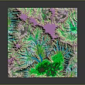 Colorful 3D Topographic Landscape Featuring Green Purple Blue Terrain Textures and Mountain Valleys