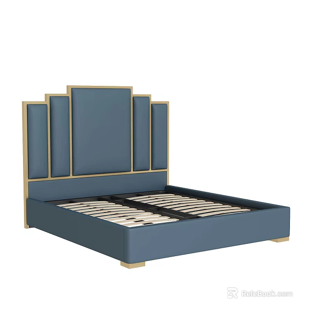 Modern Double Bed With Blue Upholstered Headboard And Gold Trim Frame 3d model 