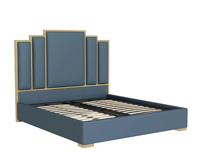 Modern Double Bed With Blue Upholstered Headboard And Gold Trim Frame 3d model